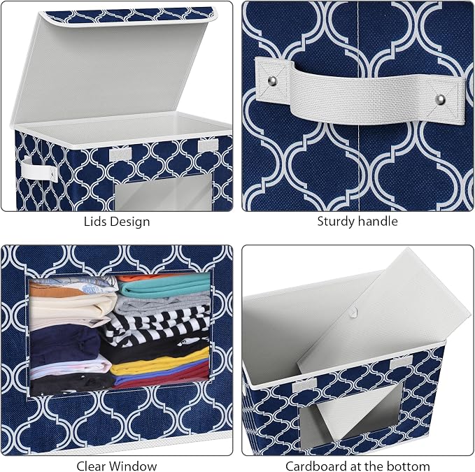 Univivi Fabric Foldable Storage Boxes with Lids, 4 Pack, Blue Lantern | 17 x 12 x 12 In Large Stackable Storage Bins with Lids, Closet Organizers and Storage Cube Basket for Home, Office, Bedroom