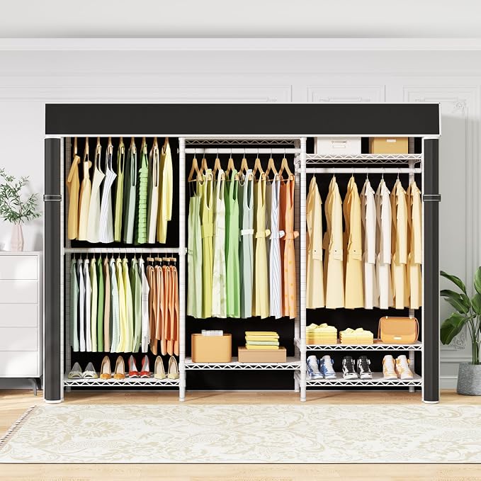 E13C Heavy Duty Closet Organizer System，Freestanding Clothing Racks for Hanging Clothes，Adjustable Garment Rack 63" W x 16" D x 77" H Hold 960 lbs，White Clothing Rack with Black Dustproof Cover