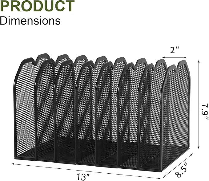 FANXIYQ Black 7-Section File Folder Organizer for Desk, Metal Vertical File Holder Stand, Desktop File Organizer Rack for Letter/A4 Folders, Papers, Books, Office Classroom Home