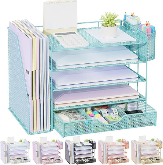 gianotter 5-Tier Desk Organizer with Drawers and File Holders | Letter Trays and Pen Holders - Workspace Accessories for Office Supplies (Blue)
