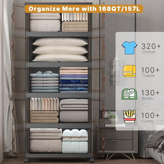 Stackable Storage Bins with Lids, 840QT Closet Organizers and Storage Cabinet with Doors & Wheels, Lockable Plastic Foldable Drawers for Bedroom Dorm Office Garage（168QT*5,Black）