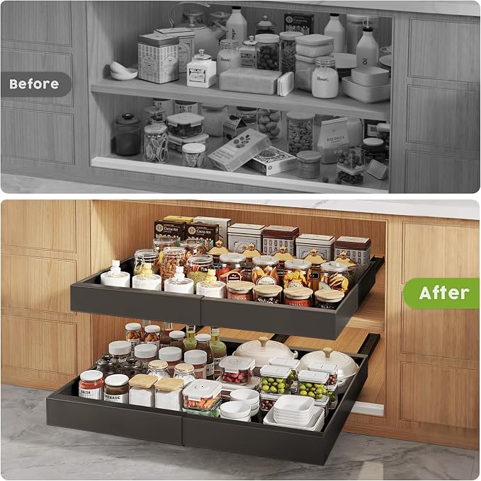 Seinloes 2 Pack Pull Out Cabinet Organizers 21"Deep with Raising Pad for Framed Cabinets,Expandable Slide Out Drawers Upgrade 3 Slide Rails,Roll Out Shelves Adhesive,Adjustable Width 12"-20.45" Black