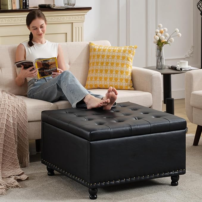 Tbfit Large Square Storage Ottoman Bench, Button Tufted Coffee Table, Oversized Storage Ottomans Toy Box Footrest for Living Room, Black