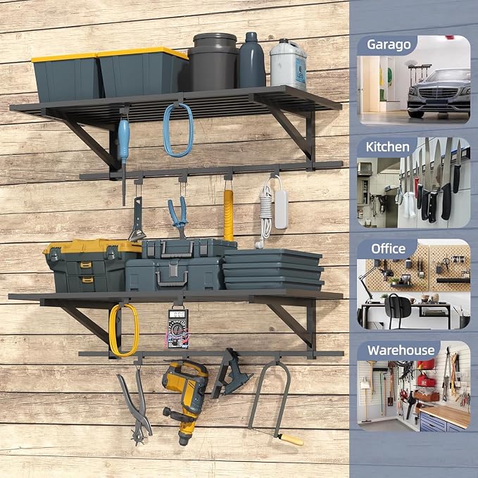 2-Pack 2x4ft Garage Shelving Wall Mounted, 500LBS with 12 Hooks | Garage Storage Shelves, Floating Design, Heavy Duty, Large Capacity, Sturdy Construction, Space Saving, Easy Install