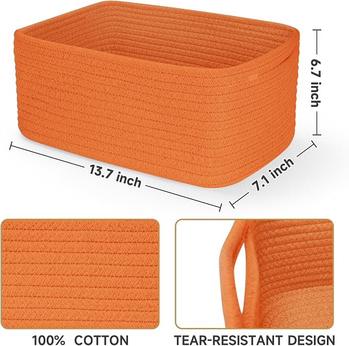 3-Pack Storage Baskets for Organizing | Woven Shelf Toy Basket | Rope Baskets for Gifts Empty | Closet Organizer Bins with Handles | Cube Decorative Box | 13.7×7.1×6.7” | Orange
