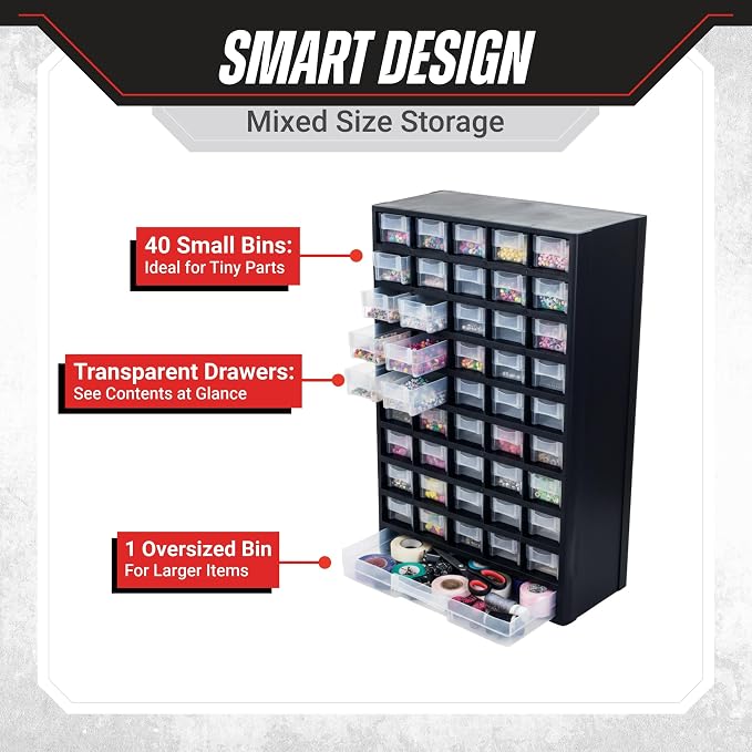 Storage Bin with Drawers - 41-Drawer Plastic Tool Organizer - Hardware or Craft Cabinet for Storing Beads, Toys, or Nuts and Bolts by Stalwart (Black)