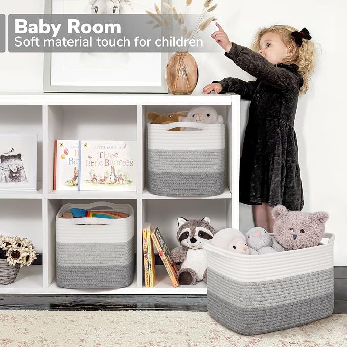 Goodpick Cotton Rope Closet Storage Bin, 13" x 10" x 9", Gradient Gray | Rectangle Gift Basket for Books, Towels & Toys Storage, Bedroom & Shelf Organization, Built-In Handles, Modern Home Decor