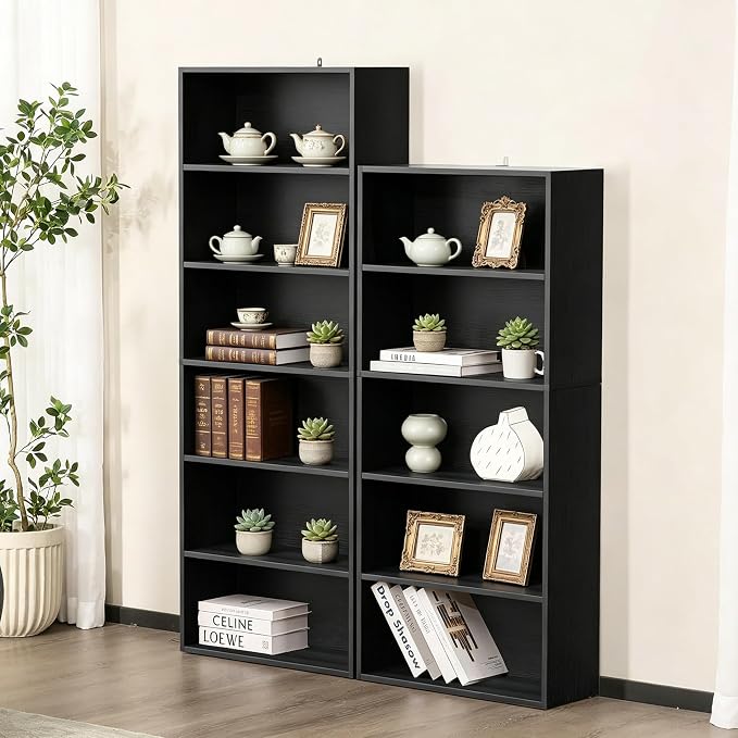 HealSmart 6 Tier Bookcase, Industrial 6 Book Shelf, 9.2" D x 23.8" W x 63" H Tall Open Cube Storage Organizer for Home Office, Living Room, Bedroom and Dinning Room, Black