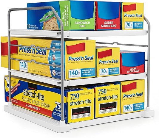 EVERIE Extendable 3-Tier Kitchen Cabinet & Pantry Organizer for Plastic Wrap, Foil & Storage Bags, Adjustable Heavy Duty Shelf Rack for Wrap Boxes, Jars & Snack Boxes (11–16.7 in Wide), Pack of 2