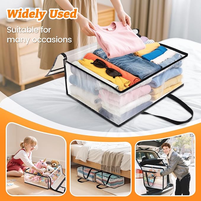 BlissTotes 6 Pack Clear Clothes Storage Bags, Moving Bags, Foldable Blanket Storage Under Bed Storage Containers with Sturdy Zipper and Handle for Clothing, Comforter, Bedding, Sheet (40L)