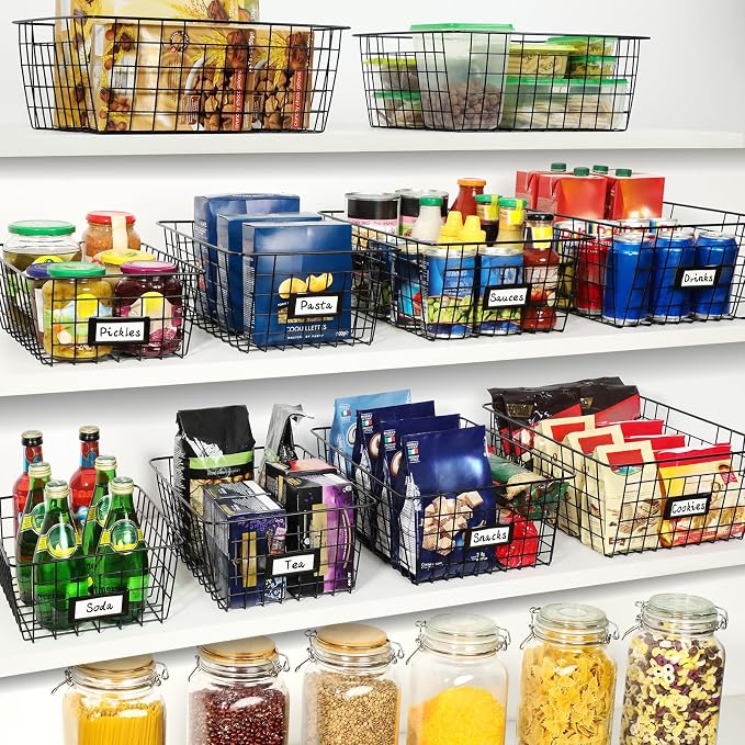 8 Set, Extra Large Wire Baskets for Organizing with Lables, Cabinet Pantry Organization and Storage Bins - Metal Basket for Kitchen, Laundry, Garage, Fridge, Bathroom Countertop Organizer, Black