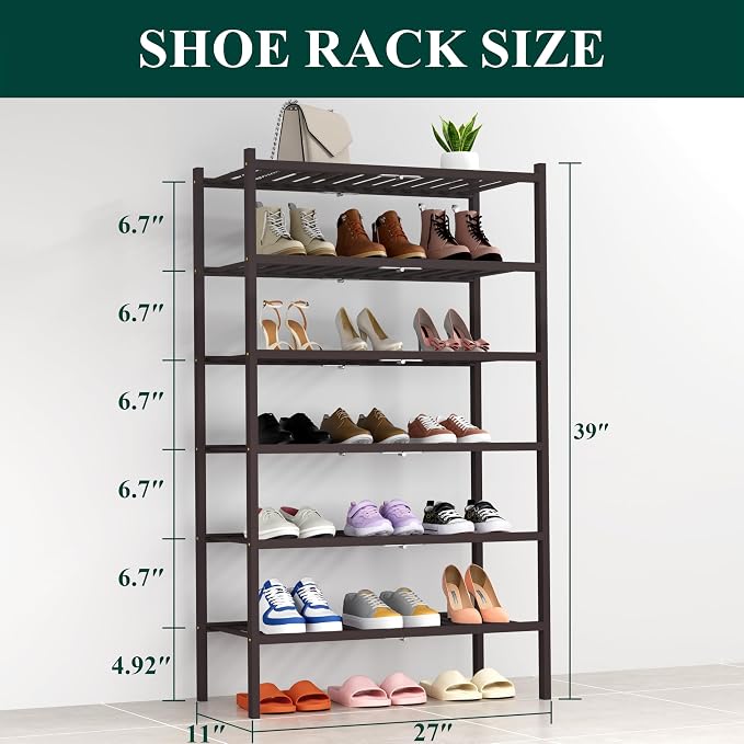 Smiry Bamboo Shoe Rack, 14 Vertical Slats, 6 Tier - 26.8" Wide, Brown | Stackable Free Standing Wooden Shoe Organizer, Wood Shoe Storage Shelf for Closet, Entryway, Thicher Leg