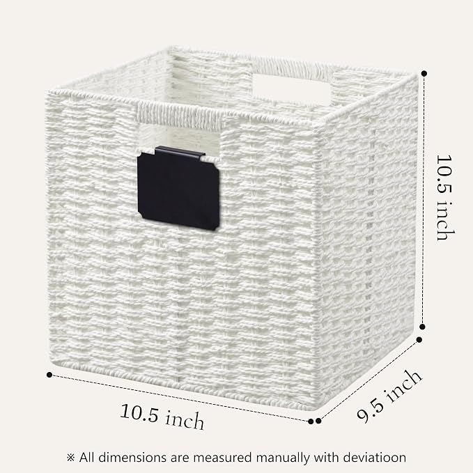 UBBCARE 2 Pack Wicker Basket, 10.5×10.5 Storage Cubes with Label, Foldable Cube Storage Bin with Handle, Square Storage Basket for Shelves, Woven Paper Rope Basket for Organizing, White
