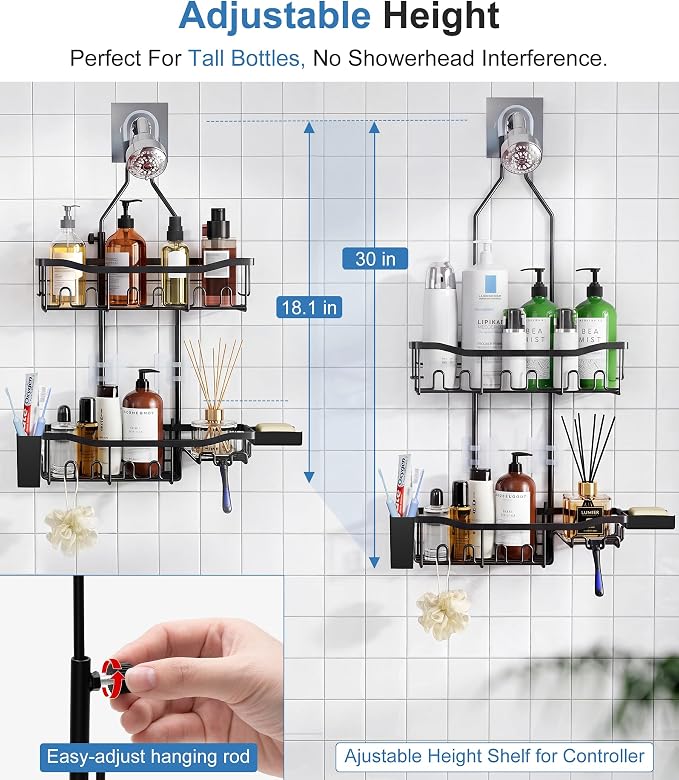 Upgraded Extended Length Shower Organizer with 16 Hooks, Rustproof Shampoo Soap Storage, Large Hanging Bathroom Caddy with Soap and Toothbrush Holder