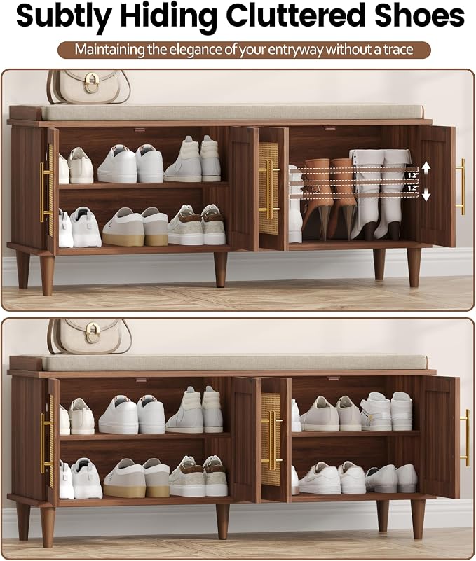 Akxomel 47.2" Rattan Shoe Storage Bench 4 Doors Entryway Bench Walnut | 2 Tier Shoe Bench with Padded Cushion, Adjustable Shelves and 4 Doors, Solid Wood Legs, for Hallway, Living Room, Bedroom