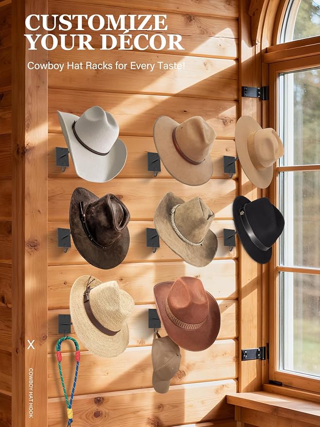 Cinati Cowboy Hat Rack for Wall 8 Pack, Cowboy Hat Holder Wall Mount, Western Rustic Metal Hats Hanger Hooks Organizer for Fedora,Sun Hats,Wide Brim, Extra Hooks for Baseball Caps,Western Room Decor
