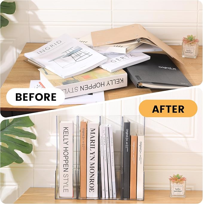 CiWiVOKi Vertical File Holder, PET Desk Organizer, Multi-purpose Plastic Document Storage Bins for Magazines, Binders, Notebooks, Envelopes, 2 Pack
