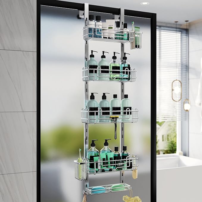 HapiRm 5 Tier Over the Door Shower Caddy, Hanging Shower Caddy with 28 Hooks and 2 Toothbrush Holders, No Drilling Adjustable Hanging Bathroom Organizer - Silver