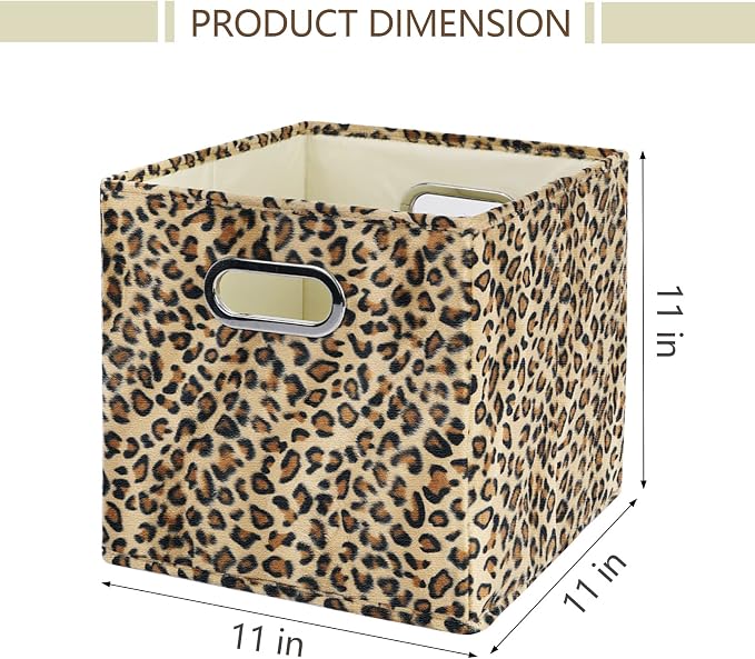 ANMINY Leopard Cheetah Print Storage Cubes Bins, Velvet, Brown, 11Inch 4PCS | Collapsible & Washable, PP Board Frame, Built-in Metal Handles, Animal Themed Fabric Cubes Baskets for Closet Shelves Decor
