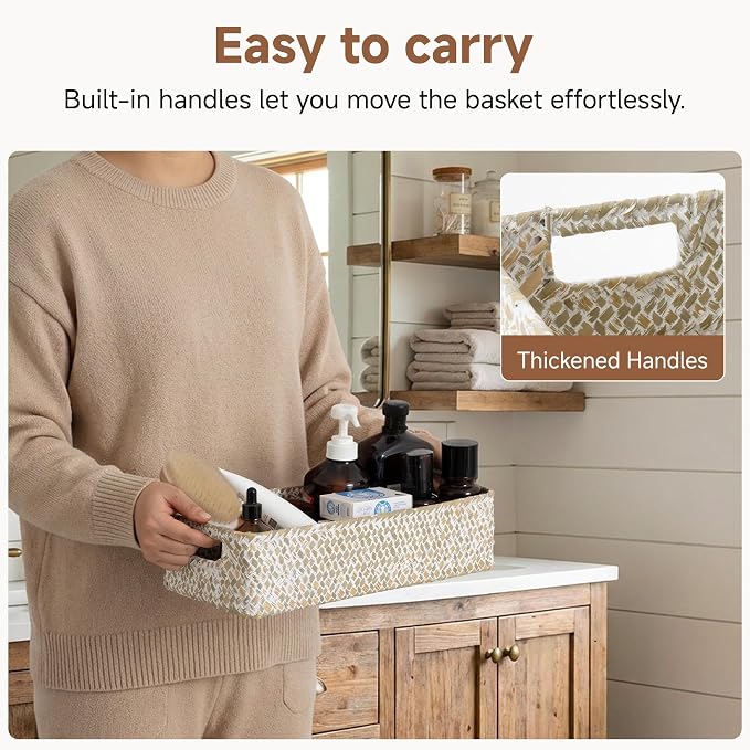 StorageWorks Wicker Toilet Paper Basket for Back of Toilet, Wipe White | Wicker Seagrass Bathroom Basket Organizer and Storage for Tank Topper, Small Tank Trays for Decor with Built-in Handles