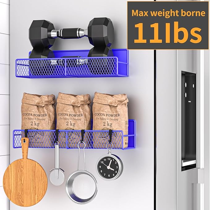 Magnetic Spice Rack for Refrigerator, 2 Pack 100% Metal Strong Magnet Shelf, Space Saving Spice Organizer W/ Hooks, Movable Magnetic Fridge Shelf, Kitchen Home Laundry Storage Organization,Purple Blue