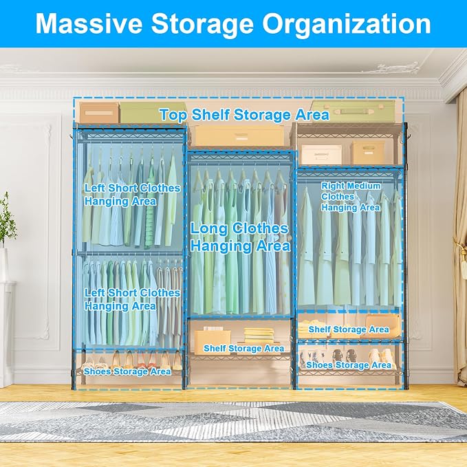 E13C Heavy Duty Closet Organizer System，Freestanding Clothing Racks for Hanging Clothes，Adjustable Garment Rack 63" W x 16" D x 77" H Hold 960 lbs，Black Clothing Rack with Black Dustproof Cover