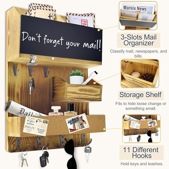 Mail Organizer Wall Mount，Key Holder Mail and Key Organizer for Wall with Shelf, Chalkboard, Corkboard, Home Decor for Room Office Entryway(Light Wood)