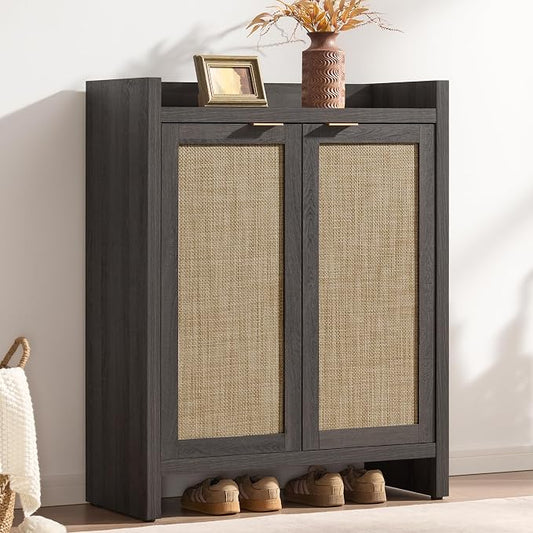 SICOTAS 41" Tall Shoe Cabinet, 24 Pair Shoe Storage Cabinet, Rattan Doors | 6-Tier Shelves, Rattan Shoe Cabinet Storage for Entryway, Farmhouse Boho Wooden Cabinet for Hallway, Black Oak