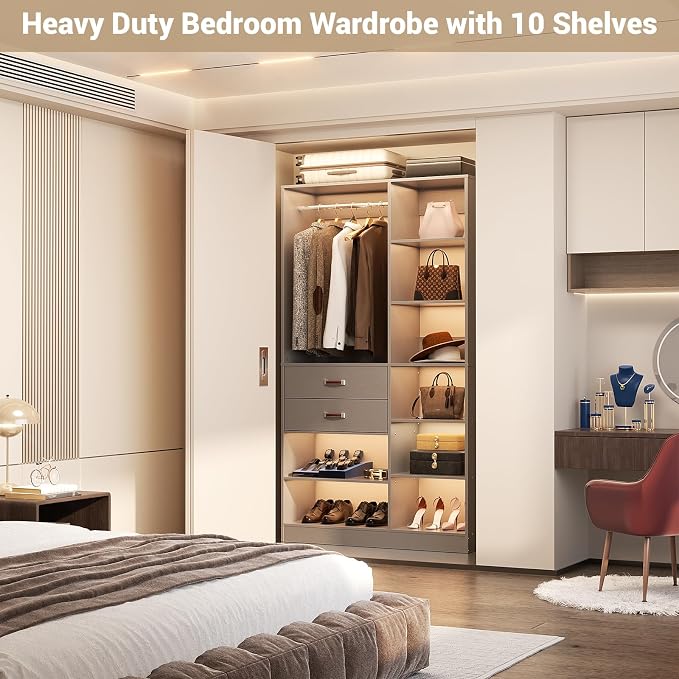 Freestanding Closet System, 40 Inches Stand-Alone Wardrobe with 10 Shelves, 80'' Height Adjustable Cloth Garment Rack with 2 Wood Drawers, Wood Walk-in Closet with Hanging Rod, Grey