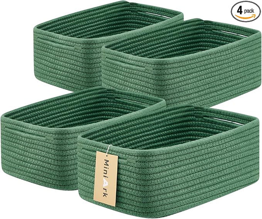 MiniArk Small Storage Baskets for Organizing | Closet Organizer Bins | Shelf Toy Basket | Woven Rope Baskets | Cube Decorative Box | Shallow Basket | 13x8.5x5.1” | 4 Packs Green