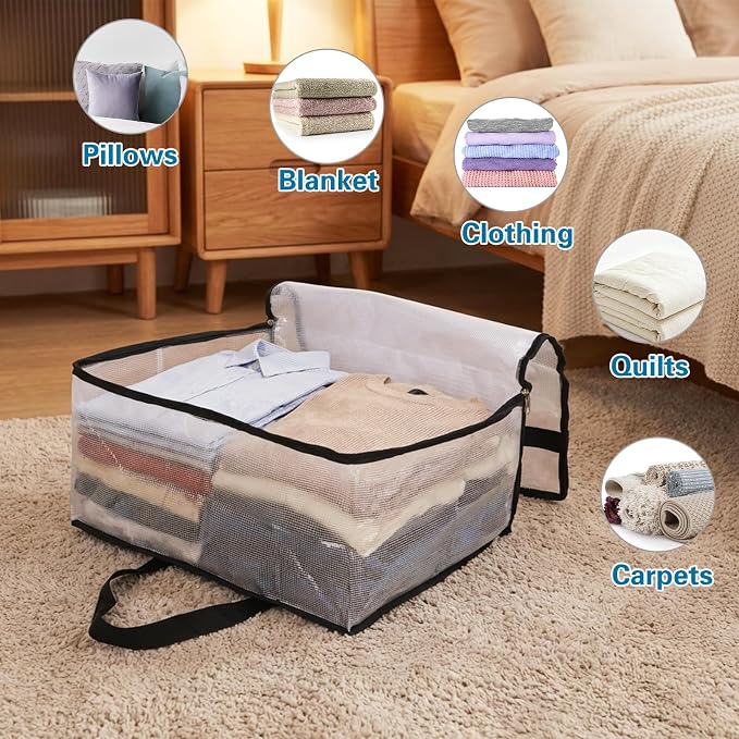 Fixwal Storage Bags 4 Pack 40L Mesh Clear for Blankets Clothes Sheets | Waterproof Clear Mesh Fabric, Zippered Closure, for Bedding Duvets Comforters and Clothes, Closet and Under-Bed Storage