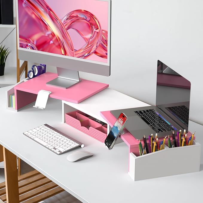 Simple Houseware Desk Dual Monitor Stand Riser with Drawer, Pink | Customizable Organizer Tray, Built-In Phone & Tablet Slot and Side Storage