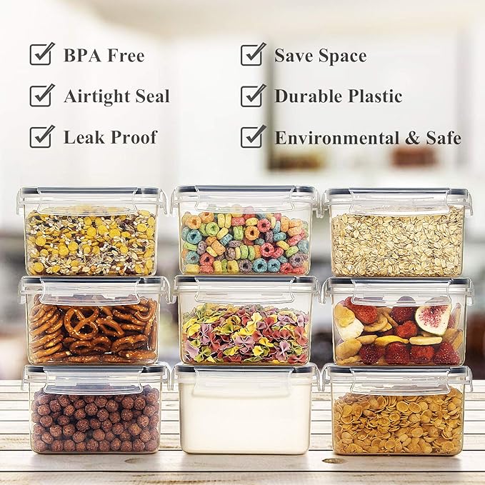 Wildone Airtight Food Storage Containers with Lids 0.8L, 16PCS, Black | Kitchen and Pantry Organization Canisters for Cereal, Pasta, Snack, Sugar, Flour, Airtight Seal, BPA Free, Includes 20 Labels