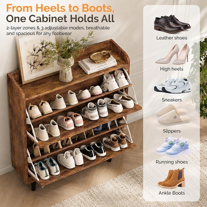 VINGLI Shoe Storage Cabinet for Entryway with 2 Flip Drawers, Ultra Slim Freestanding Entryway Shoe Organizer with Wood Tapered Legs,Hidden Closed Shoe Rack,31.6" W * 9.4" D * 39.4" H, Rustic Brown