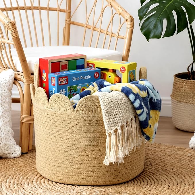 LemonRoad Brown Round Basket Large Blanket Basket 16" x 14" Scalloped Woven Baskets Cotton Storage Baskets for Nursery Classroom Closet Blankets Storage Home Decor