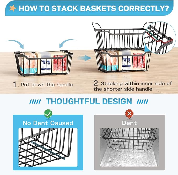 SUNALLY Freezer Organizer Bins, 4 Pack Stackable Chest Freezer Organizer for 5-7 Cu.FT Deep Freezer Sort Frozen Meats and Food, Freezer Storage Baskets with Handles Easy Reach from Bottom, Black | Chest Freezer Organizer for 5-7 Cu.FT Deep Freezer to S...