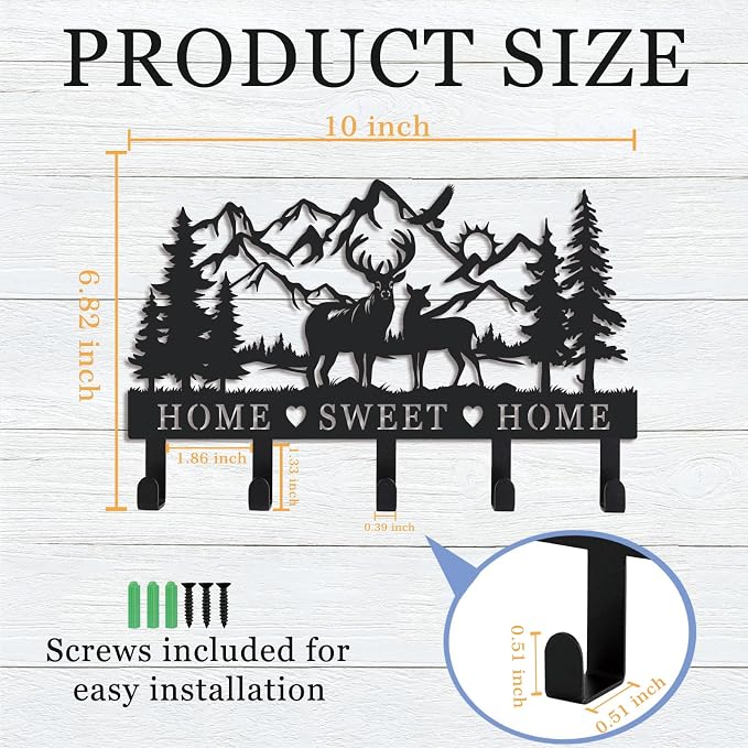 Deer Mountain Metal Key Holder Wall Mount Key Holder for Wall Rustic Cabin Decor Key Rack Hooks Hanger Woodland Wildlife Wall Art Entryway Organizer Housewarming Hunting Gifts