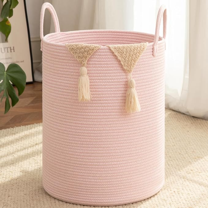 OIAHOMY Large Laundry Basket Hamper - 80L Cotton Rope Woven Basket for Blankets, Toys, Clothes - Tall Decorative Nursery Hamper with Long Handles, Pink
