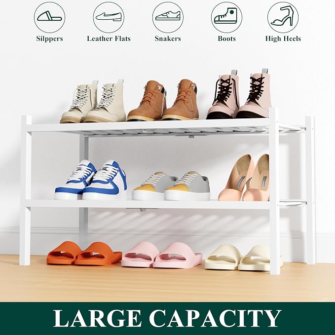 Smiry Bamboo Shoe Rack, 14 Vertical Slats, 2 Tier - 26.8" Wide, White | Stackable Free Standing Wooden Shoe Organizer, Wood Shoe Storage Shelf for Closet, Entryway, Thicher Leg