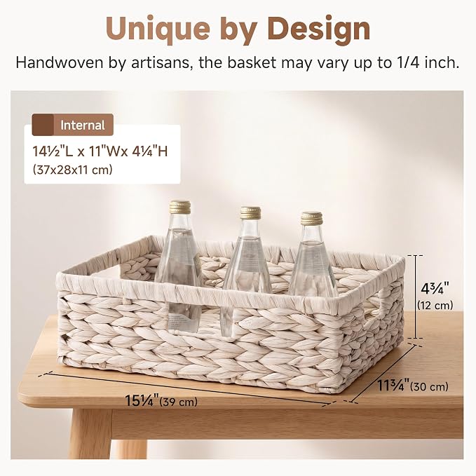 StorageWorks Large Wicker Baskets for Storage, Water Hyacinth Storage Baskets for Shelves, White, 15¼" x 11¾" x 4¾", 1-Pack