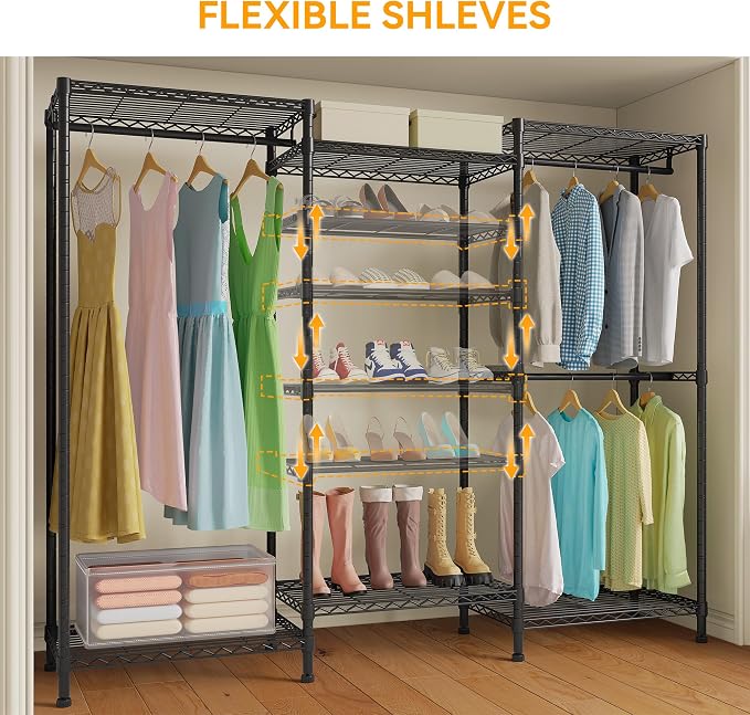 Higeego H12 Heavy Duty Clothes Rack, Black | Freestanding Clothing Rack with 6-Tier Adjustable Shoe Rack, 3 Hanging Rods, 15.7" D x 68.7" W x 76.4" H