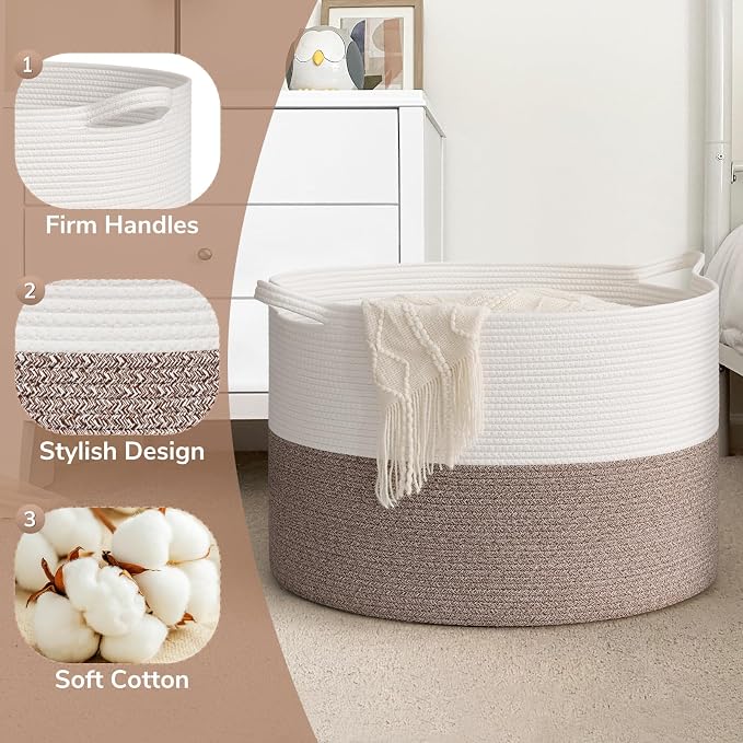 Goodpick Extra Large Woven Blanket Basket Living Room & Playroom, 115L | 23.5 x 23.5 x 15.8 In Woven Basket for Storage, Kids Toy Storage for Playroom, Laundry Basket for Towels, Mele