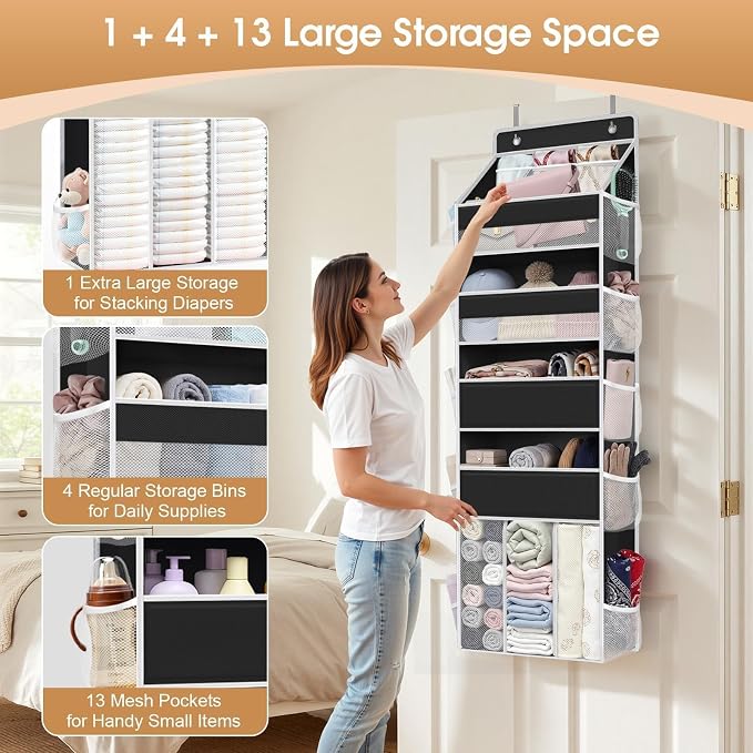 WISELIFE 5-Tier Over the Door Organizer for Nursery Hanging, Black | Multi-Pocket Back of Door Baby Organizer for Diapers, Clothes & Nursery Essentials, Heavy-Duty Large Capacity, 50 Lb Capacity
