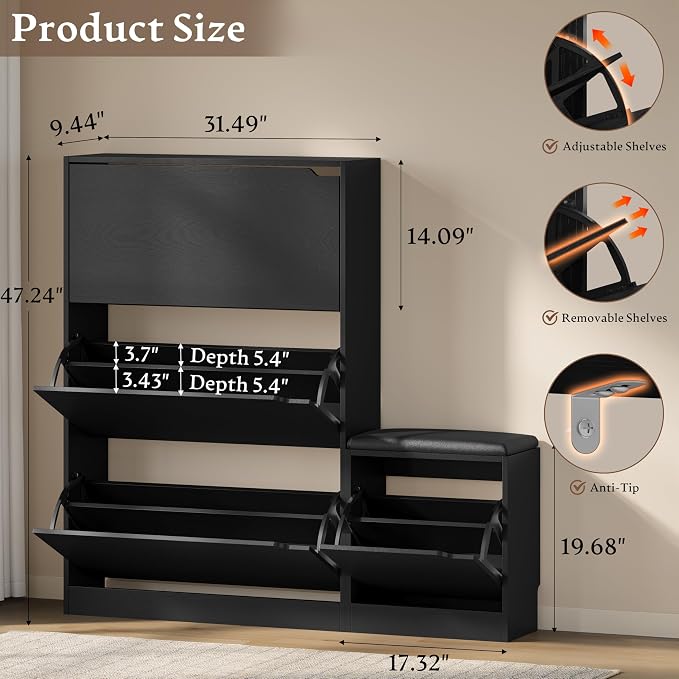 BORNOON Shoe Cabinet with Bench and 3 Flip Drawers, Slim Narrow Shoe Storage Cabinet, Freestanding Shoe Rack Organizer with Adjustable & Removable Shelves, Anti-Tip for Entryway, Hallway, Foyer