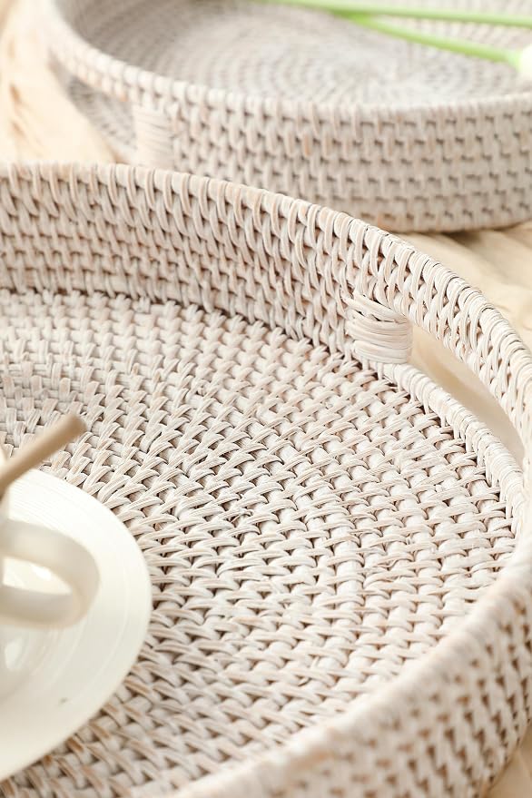 HITOMEN Hand-Woven Round Rattan Serving Tray Decorative Ottoman Wicker Platter with Handles for Coffee Table, Breakfast, Drinks, Snack, Bread, Fruit, Vegetables (Whitewash Set of 2: M+L)