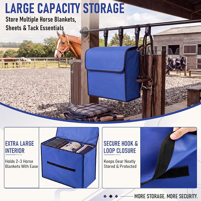 Horse Blanket Storage Bag, 600D Waterproof Oxford Fabric 23 x 19 x 9 in Stall Front Organizer, Heavy Duty Hanging Dustproof Horse Blanket Holder Accessories (Blue)
