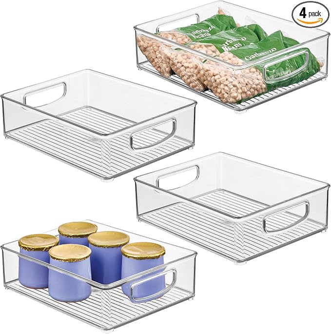 iDesign Plastic Stackable Pantry Bin, Set of 4, Clear | Organizer Bin with Handles, For Cabinets or Fridge