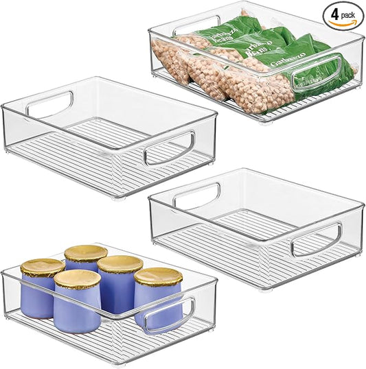 iDesign Plastic Stackable Pantry Bin, Set of 4, Clear | Organizer Bin with Handles, For Cabinets or Fridge
