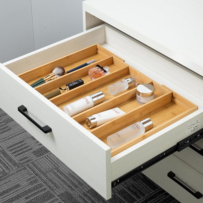 Utoplike Bamboo Expandable Kitchen Drawer Organizer Silverware Utensil Tray | Cutlery Holder, Drawers Divider for Large Utensils, Flatware, Knives, Spatulas in Kitchen, Office, Adjustable 3-5 Slots