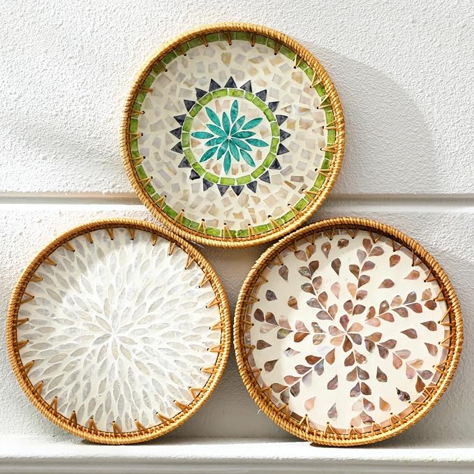 3 Pcs Round Rattan Tray with Mother of Pearl Inlay Wicker Serving Tray with Wooden Base Boho Decorative Wicker Basket for Table Decor Bathroom Candle Perfume(Vintage Style)